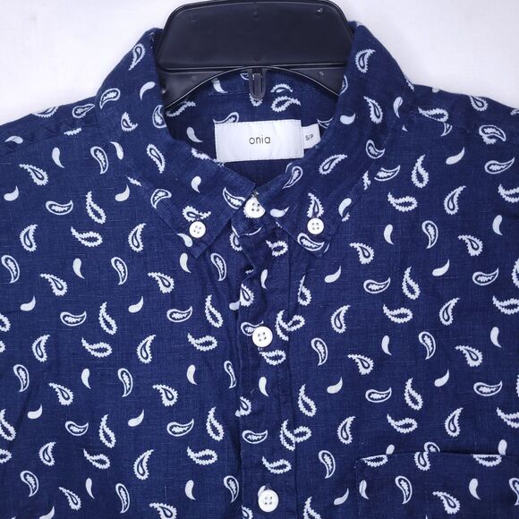 Onia Linen Shirt Mens Small Navy Paisley AOP Casual Beach - Picture 1 of 11